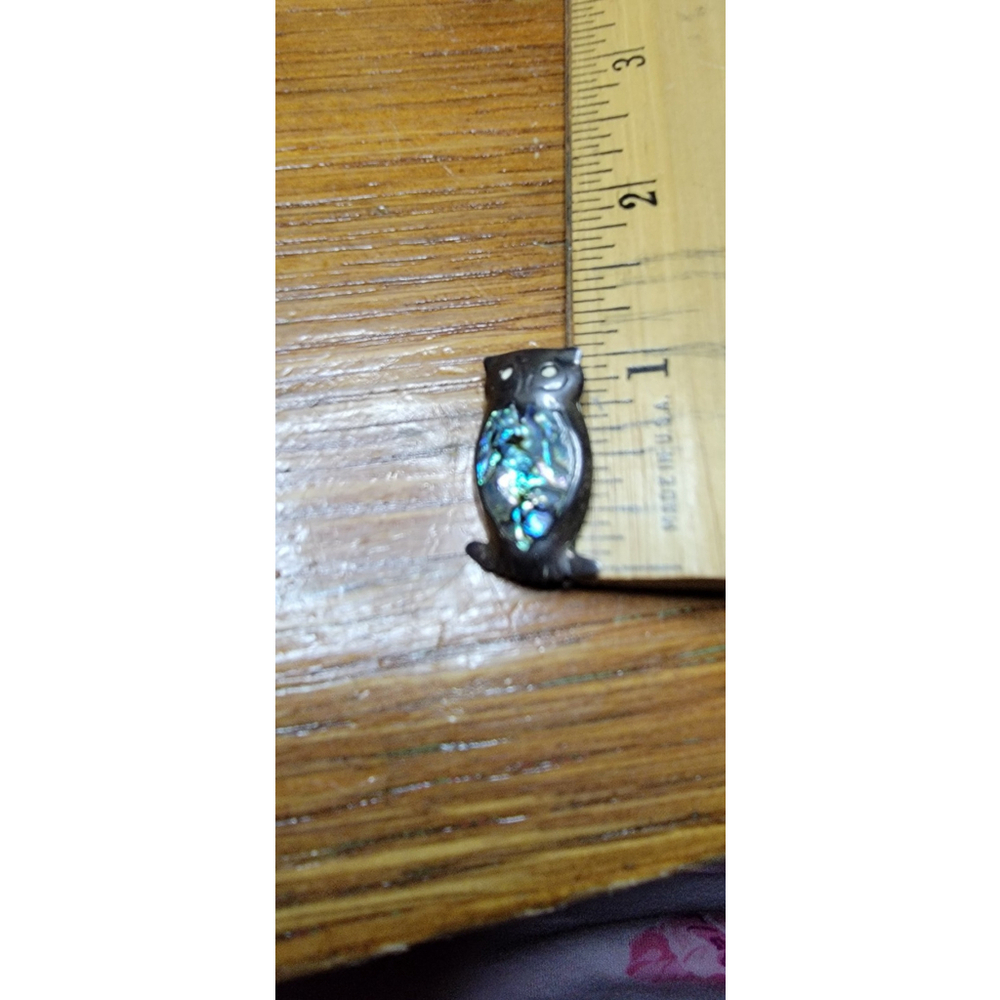 Vintage ES Sterling Silver Abalone Owl Brooch Pin‎ 3 Crown Hallmark 1 Inch